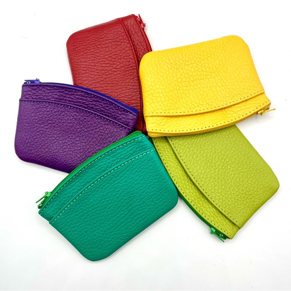 NWOT BRIGHTLY COLORED LEATHER COIN PURSE/MONEY/CARD HOLDER, HANDMADE IN MEXICO - Picture 2 of 11